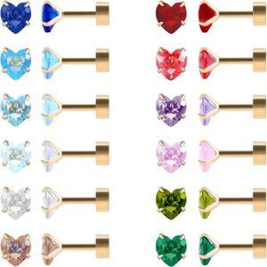 12 Pairs Gold Heart Star Round Cubic Zirconia Flat Back Screw Stud Earrings for